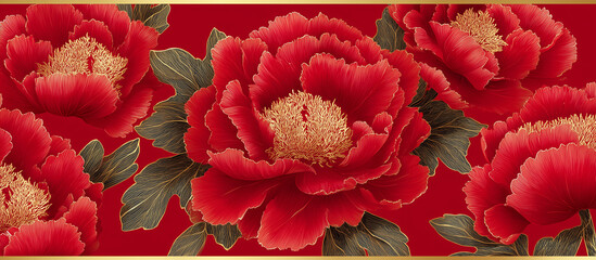 red luxury peony flower pattern golden line banner background