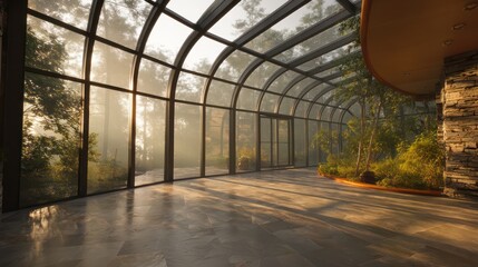 Modern sunroom interior with large curved glass walls matte stone flooring and diffused morning sunlight producing natural haze