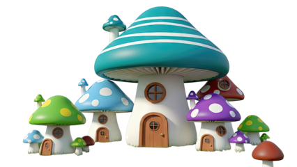 Whimsical mushroom houses in various colors and sizes