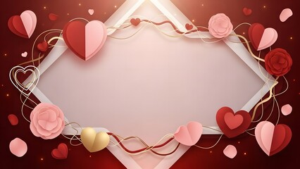 A romantic illustration of a diamond frame border decorated with hearts and paper roses