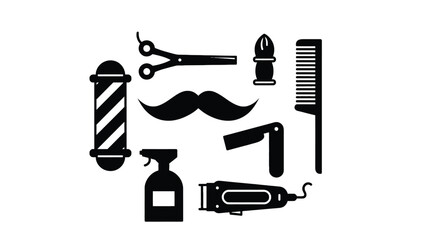 A collection of black barber shop icons on a white background