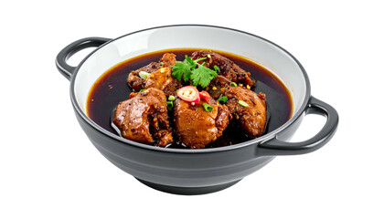 Bowl of braised chicken pieces in dark sauce, garnished with cilantro and chili