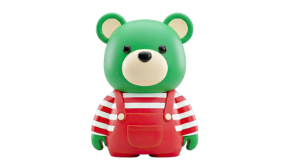 Green Bear Toy with Red Overalls and Striped Shirt