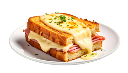 Gourmet ham and cheese sandwich on a white plate with melted, golden cheese and parsley