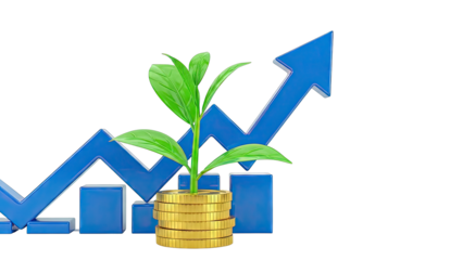 Growth and Investment Concept: Plant Growing from Coins with Upward Trend Arrow