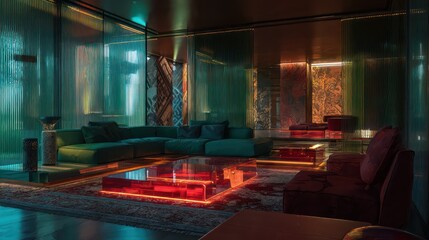Pine green and ruby red artistic living room with translucent walls floating furniture and multi-layered lighting with deep
