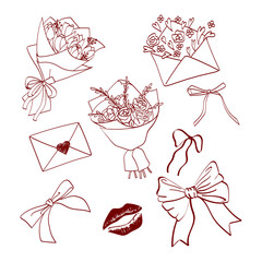 A set of vintage doodle hand-drawn coquette elements. Ribbons, cute bows, a bouquet of roses, a bouquet of tulips, a lipstick imprint, envelopes with love letters. Illustration for Valentine's Day