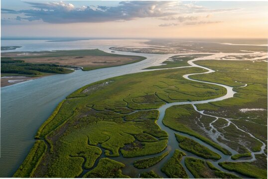 Aerial view of a river delta where winding channels split into multiple branches, flowing into the sea, with lush green wetlands and sediment patterns forming natural mosaics under soft morning light.