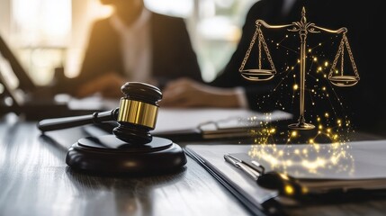 Obraz premium Close up of a wooden judge's gavel resting beside glowing digital scales of justice symbolizing legal fairness and court proceedings in a dimly lit office environment