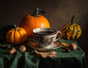 Autumn still life pumpkins, coffee cup, leaves, nuts, on a green cloth
