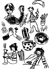 A lively black-and-white coffee doodle featuring smiling people sipping mugs, steaming cups, and treats like donuts &mdash; all wrapped in cozy, playful charm. Perfect for cafes or brunch lovers, this hand-