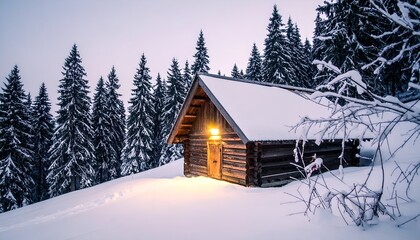 A cozy wooden cabin glows warmly amidst snow-covered pine trees in a winter wonderland