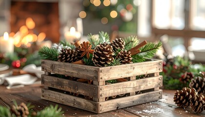 Rustic wooden crate centerpiece with pinecones, greenery, and cinnamon sticks