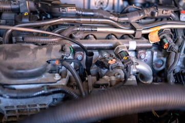 View of the engine compartment of the vehicle during vehicle maintenance without manufacturer logo. A look under the hood. High quality photo