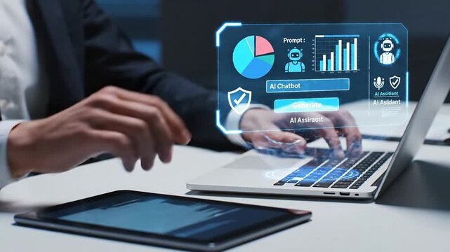 Professional man using artificial intelligence chatbot and virtual assistant on laptop for business automation, data analysis, and workflow optimization, leveraging generative AI technology for...