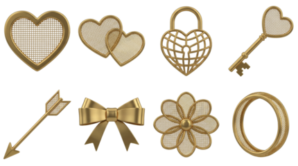 Gold romantic icon set including heart, padlock, key, arrow, bow, flower, and ring elements isolated. Valentines day and wedding celebration collection.