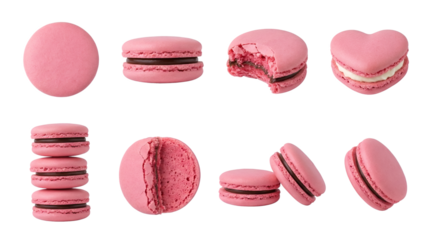 Pink macaron set including whole, bitten, heart shaped, and stacked cookies isolated. Sweet french dessert and confectionery collection.