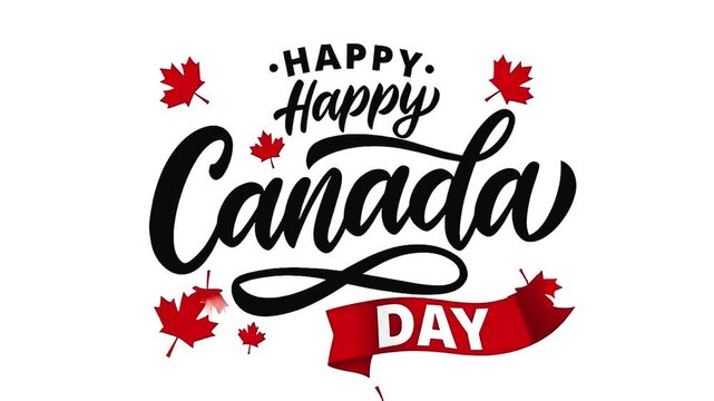 A festive illustration wishing "happy canada day" with stylized lettering and red maple leaves