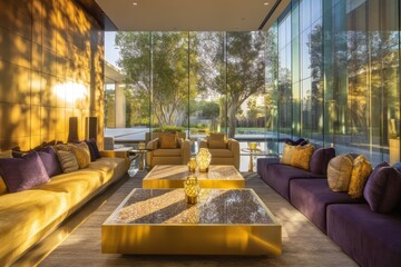 Purple and gold-themed modern living room with terrazzo coffee table wall-to-wall glass windows golden hour sunlight casting long
