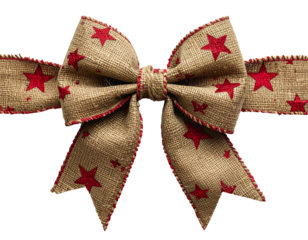 Close-up of a festive bow made from burlap-like fabric with red star patterns