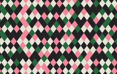 Xmas pink and black  plaid texture. Argyle geometric diamond abstract pattern. Christmas design wrapping paper.  Pink Green and black geometric  geometric pattern. Green rhombus pattern.