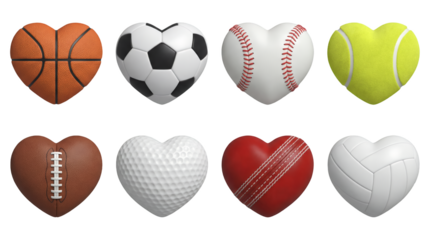 Sports ball set including heart shaped basketball, soccer, baseball, tennis, football, golf, cricket, and volleyball isolated. Athletic love and fitness equipment collection.