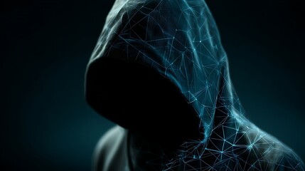 Mysterious hooded figure with blue digital network and geometric data connection overlay