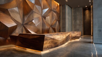 Reception interior with angular wooden counter framed by sculptural wall panels Side-light enhances natural textures brilliance reflects subtly