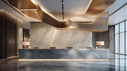 Reception interior with marble desk beneath sculptural overhead lighting Top-light polished textures brilliance enriches reflective trims shadows stretch