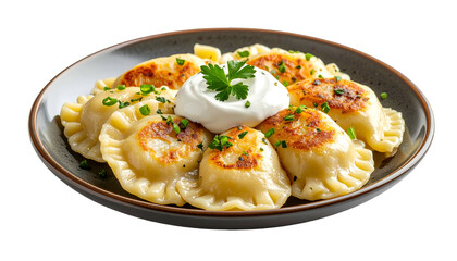 A plate of pan-fried dumplings with sour cream and chives garnish