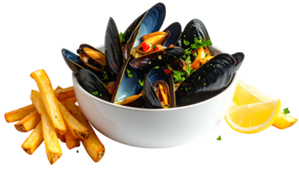 Bowl of steamed mussels with fries and lemon wedges; culinary presentation