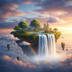 Naklejka premium Enchanting Floating Island Paradise with Majestic Waterfalls and Rainbow.