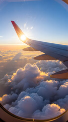 Obraz premium Golden Sunset Flight: Airplane Wing Over Majestic Clouds