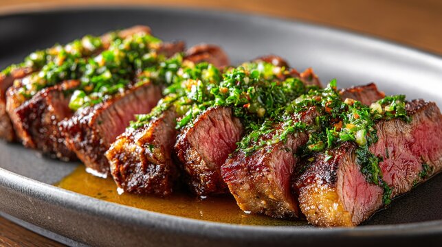 Argentine chimichurri steak sliced and plated with precision, matte ceramic plate, warm neutral tones