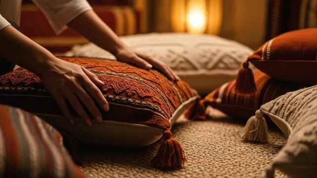 Hands arranging decorative cushions on floor with warm lighting