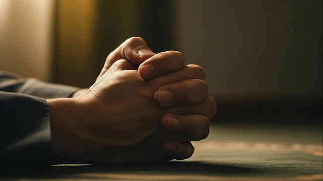 Hands clasped in prayer gesture indoors close up view
