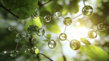 Glass Molecular Structure in Lush Green Forest with Sunlight Filtering Through Foliage