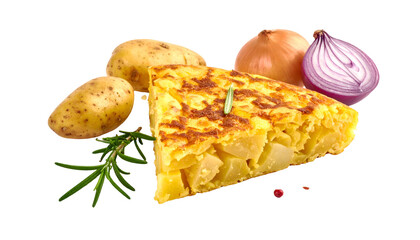 A Spanish omelet with potatoes, onions, and rosemary on a black background