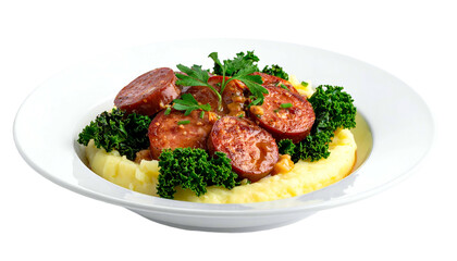 A white plate holds a meal featuring sausage, greens, and mashed potatoes