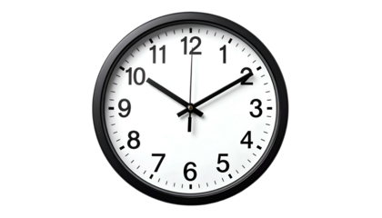 A round, black-framed analog wall clock with white face and clear black numerals