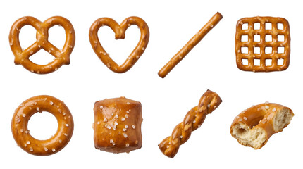 Hard pretzel set including traditional twists, heart, stick, grid, ring, nugget, and braid shapes isolated. Crunchy salted snack food collection.