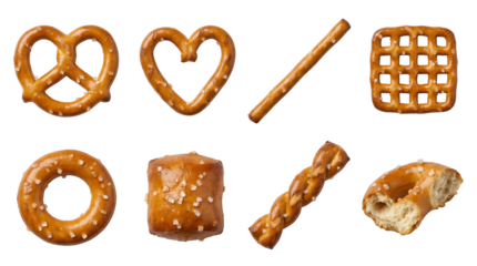 Hard pretzel set including traditional twists, heart, stick, grid, ring, nugget, and braid shapes isolated. Crunchy salted snack food collection.