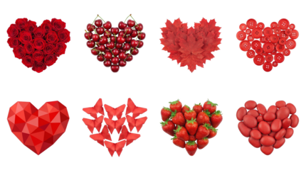 Red heart set including roses, cherries, maple leaves, buttons, origami, strawberries, and candies isolated. Romantic love and Valentine's Day collection.