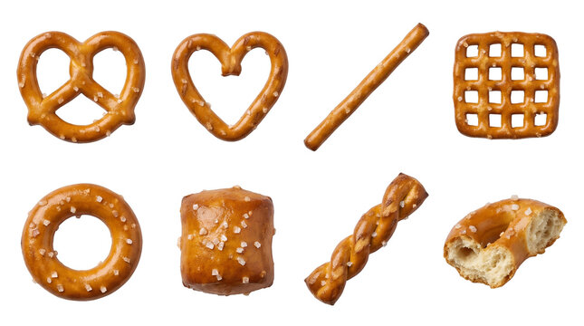 Hard pretzel set including traditional twists, heart, stick, grid, ring, nugget, and braid shapes isolated. Crunchy salted snack food collection.