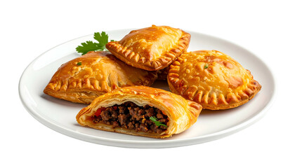 Golden-brown, savory pastries filled with seasoned meat, presented on a white plate