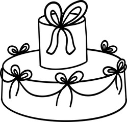 Whimsical retro cake doodle features sketch like outline with playful elements like bows and ribbons, evoking charming, homemade feel. Valentine's Day graphics, dessert menus, or joyful party posters