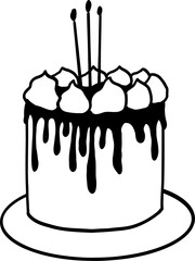 Birthday cake doodle icon. Playful vector layered cake topped with fluffy whipped cream and glowing birthday candles. Whimsical cake for birthday invitations, party decorations, or bakery branding