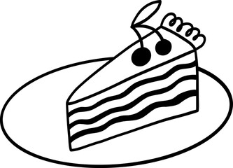 Whimsical doodle slice of wedding cake with whipped cream swirls and cherries on top. A playful hand drawn vector cake, perfect for wedding invitations, romantic branding, or sweet treat graphics