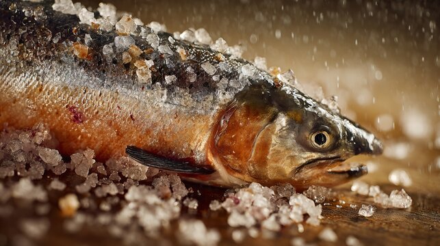 Cured arctic char with restrained salt crystals, warm neutral background
