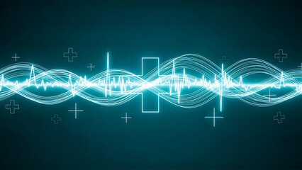 Obraz premium Glowing cyan electrocardiogram wave and plus symbols on dark teal background heart rate